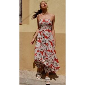 Free People Heat Wave Printed Floral Square Neck Maxi Dress Strappy Halter